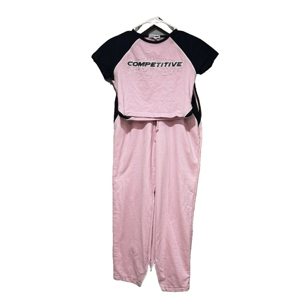 Women's Pink Black Tracksuit Set M Elastic Waist Colorblock